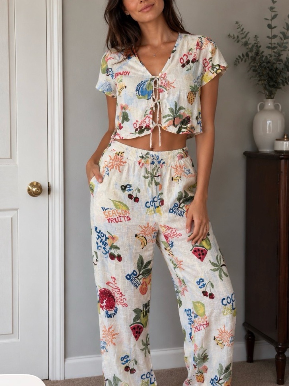 New Trioical Fruity Resort Style Print Two-Piece Lounge Set 100% Cotton